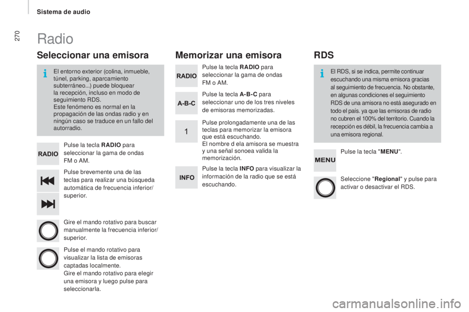 CITROEN JUMPER 2017 Manuales de Empleo (in Spanish) 270
Jumper_es_Chap11b_Autoradio-Fiat-4_ed01-2016
Pulse brevemente una de las
teclas para realizar una búsqueda
automática de frecuencia inferior/
superior. Pulse la tecla RADIO para
seleccionar l CITROEN JUMPER 2017 Manuales de Empleo (in Spanish) 270
Jumper_es_Chap11b_Autoradio-Fiat-4_ed01-2016
Pulse brevemente una de las
teclas para realizar una búsqueda
automática de frecuencia inferior/
superior. Pulse la tecla RADIO para
seleccionar l