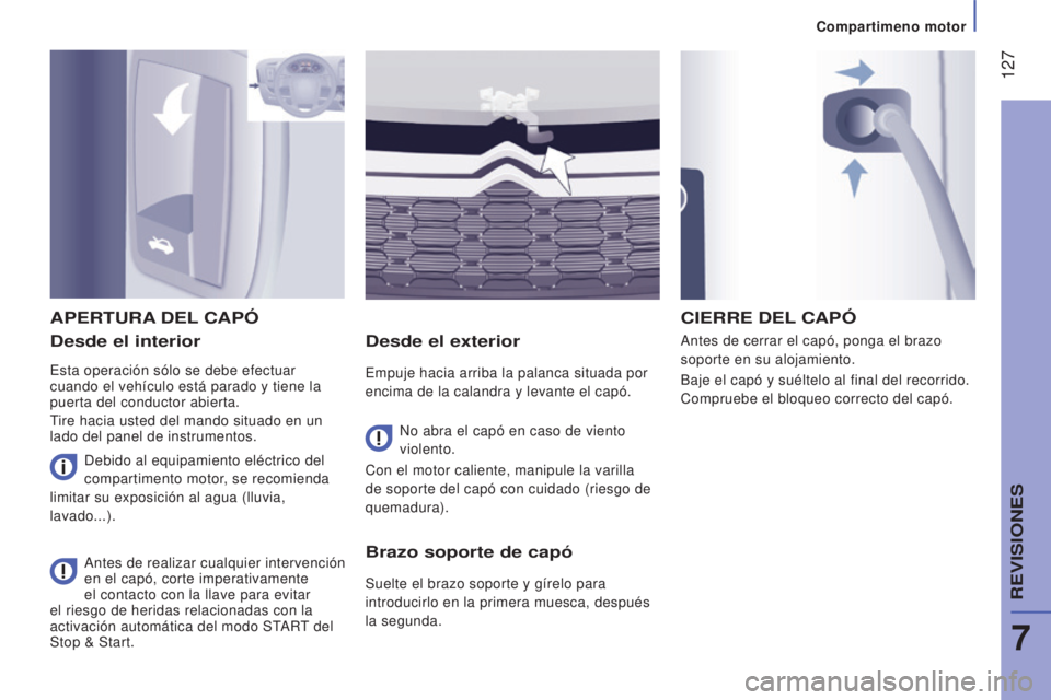 CITROEN JUMPER 2016  Manuales de Empleo (in Spanish)  127
jumper_es_Chap07_Verifications_ed01-2015
Desde el interior
Esta operación sólo se debe efectuar 
cuando el vehículo está parado y tiene la 
puerta del conductor abierta.
Tire hacia usted del 