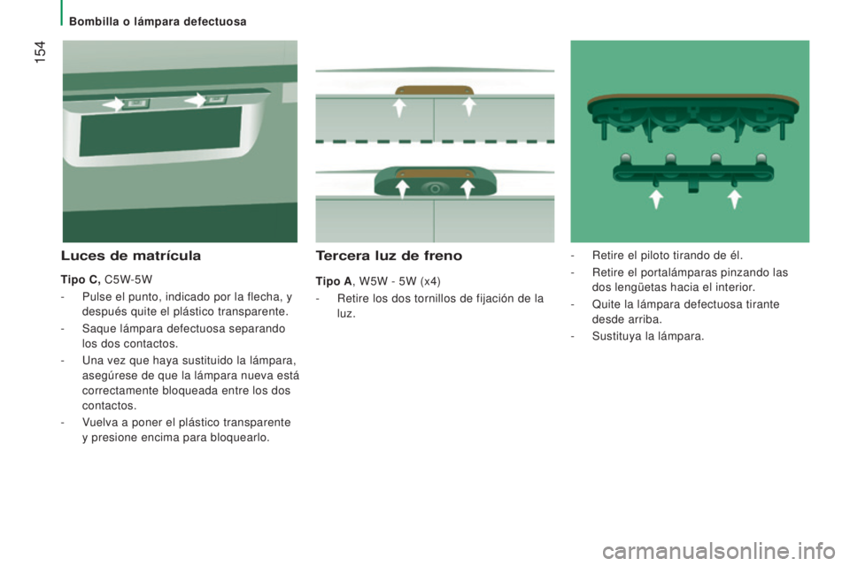 CITROEN JUMPER 2016  Manuales de Empleo (in Spanish)  154
jumper_es_Chap08_Aide-Rapide_ed01-2015
Tercera luz de freno
Tipo A, W5W - 5W (x4)
- 
Retire los dos tornillos de fijación de la
  
luz.
Luces de matrícula
Tipo C, C5W-5W
-
 
Pulse el punto, ind
