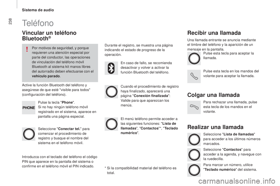 CITROEN JUMPER 2016  Manuales de Empleo (in Spanish) 238
jumper_es_Chap10b_Autoradio-Fiat-4_ed01-2015
Teléfono
Vincular un teléfono 
Bluetooth®
Por motivos de seguridad, y porque 
requieren una atención especial por 
parte del conductor, las operaci
