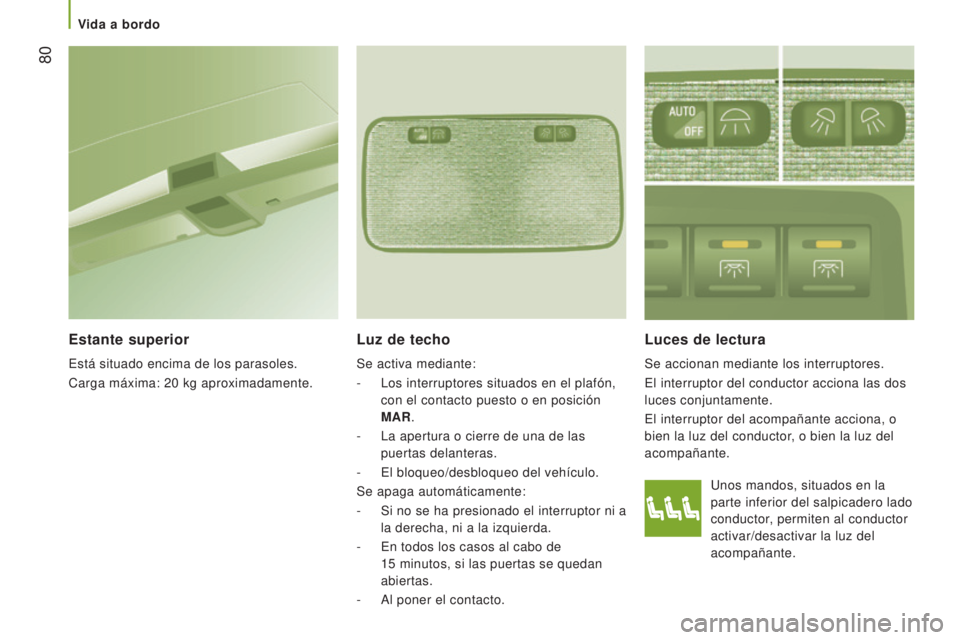 CITROEN JUMPER 2016  Manuales de Empleo (in Spanish)  80
jumper_es_Chap03_Ergo-et-confort_ed01-2015
Unos mandos, situados en la 
parte inferior del salpicadero lado 
conductor, permiten al conductor 
activar/desactivar la luz del 
acompañante.
Luces de