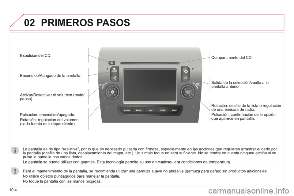 CITROEN JUMPER 2015 Manuales de Empleo (in Spanish) 02
10.4
Rotación: desfi le de la lista o regulación de una emisora de radio.
Pulsación: confi rmación de la opción que aparece en pantalla.
Salida de la selección/vuelta a la pantalla CITROEN JUMPER 2015 Manuales de Empleo (in Spanish) 02
10.4
Rotación: desfi le de la lista o regulación de una emisora de radio.
Pulsación: confi rmación de la opción que aparece en pantalla.
Salida de la selección/vuelta a la pantalla