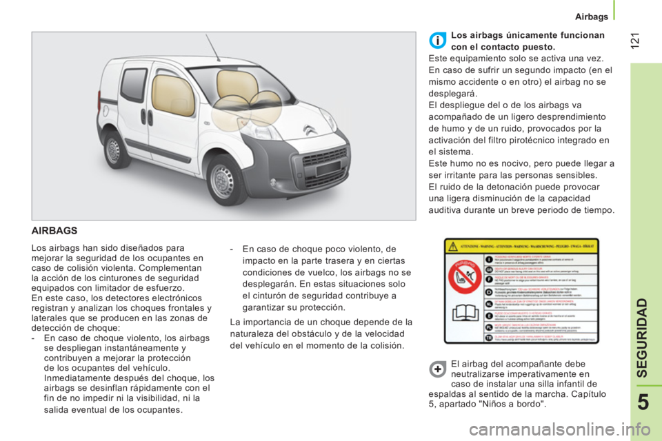 CITROEN NEMO 2014  Manuales de Empleo (in Spanish)  121
5
SEGURIDAD
 
 
 
Airbags  
 
 
AIRBAGS 
 
Los airbags han sido diseñados para 
mejorar la seguridad de los ocupantes en 
caso de colisión violenta. Complementan 
la acción de los cinturones d