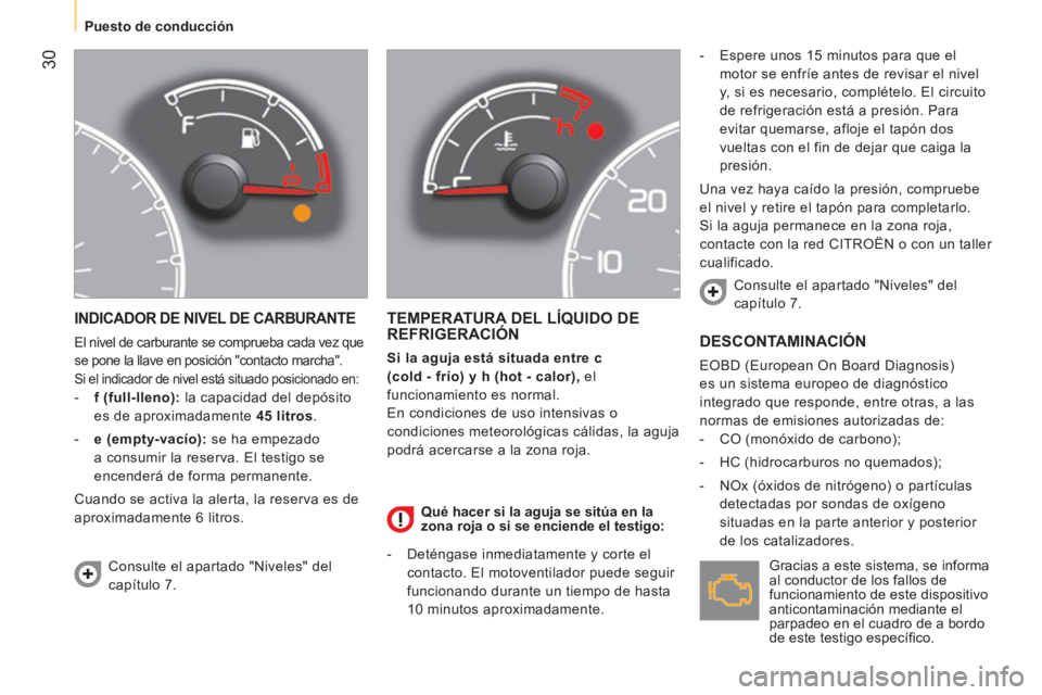 CITROEN NEMO 2014  Manuales de Empleo (in Spanish)  30
Puesto de conducción
 
INDICADOR DE NIVEL DE CARBURANTE 
 
El nivel de carburante se comprueba cada vez que 
se pone la llave en posición "contacto marcha". 
  Si el indicador de nivel está sit