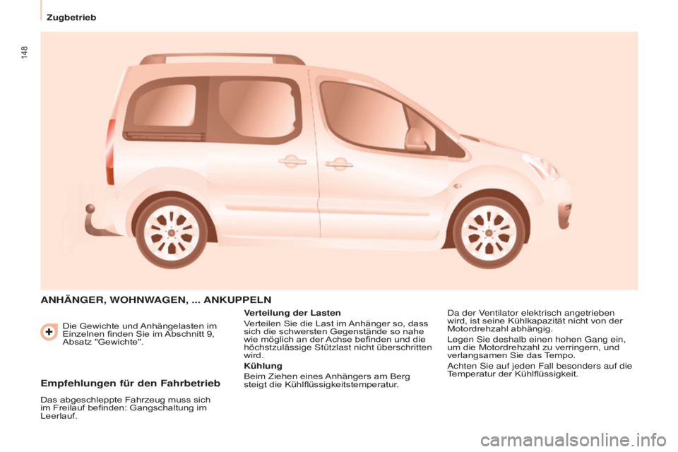 CITROEN BERLINGO MULTISPACE 2016  Betriebsanleitungen (in German) 148
Berlingo-2-VP_de_Chap06_accessoire_ed01-2016
Die Gewichte und Anhängelasten im 
Einzelnen finden Sie im Abschnitt 9, 
Absatz "Gewichte".
ANHäNGER, WOHNWAGEN, ... ANKUPPELN
Verteilung der