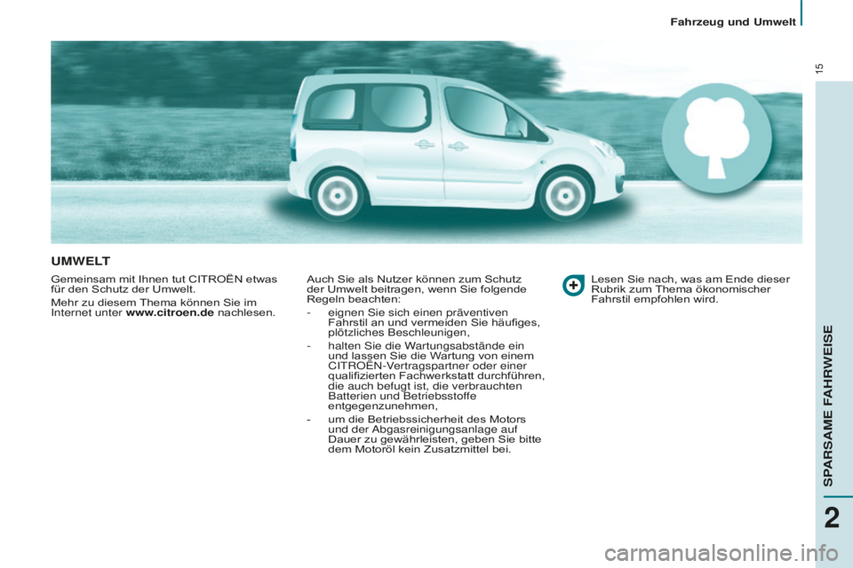 CITROEN BERLINGO MULTISPACE 2016  Betriebsanleitungen (in German) 15
Fahrzeug und Umwelt
Berlingo-2-VP_de_Chap02_eco-conduite_ed01-2016
UMWELT
Gemeinsam mit Ihnen tut CITROËN etwas 
für den Schutz der Umwelt.
Mehr zu diesem Thema können Sie im 
internet unter 
ww