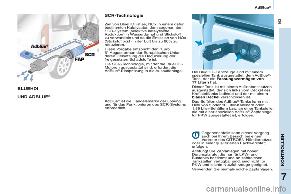 CITROEN BERLINGO MULTISPACE 2016  Betriebsanleitungen (in German)  163
Berlingo-2-VP_de_Chap07_Verification_ed01-2016
AdBlue®
BLUEHDI
UND
 ADBLUE®
SCR-Technologie
adBlue® ist die Handelsmarke der Lösung 
und für das Funktionieren des SCR-Systems 
erforderlich. 