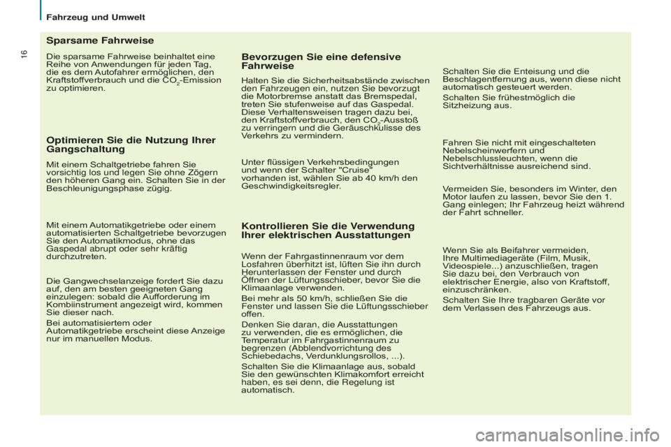 CITROEN BERLINGO MULTISPACE 2016  Betriebsanleitungen (in German) 16
Fahrzeug und Umwelt
Berlingo-2-VP_de_Chap02_eco-conduite_ed01-2016
Die sparsame Fahrweise beinhaltet eine 
Reihe von Anwendungen für jeden Tag, 
die es dem Autofahrer ermöglichen, den 
Kraftstoff