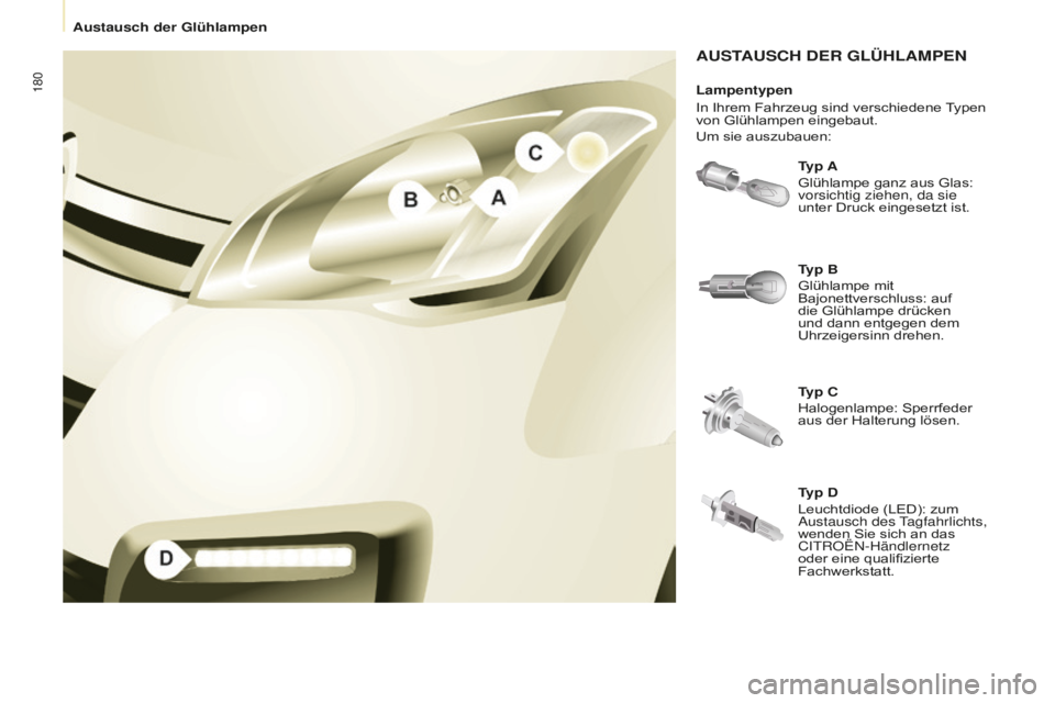 CITROEN BERLINGO MULTISPACE 2016  Betriebsanleitungen (in German) 180
Berlingo-2-VP_de_Chap08_aide-rapide_ed01-2016
AUSTAUSCH DER GLÜHLAMPEN
Typ A
Glühlampe ganz aus Glas: 
vorsichtig ziehen, da sie 
unter Druck eingesetzt ist.
Typ C
Halogenlampe: Sperrfeder 
aus 