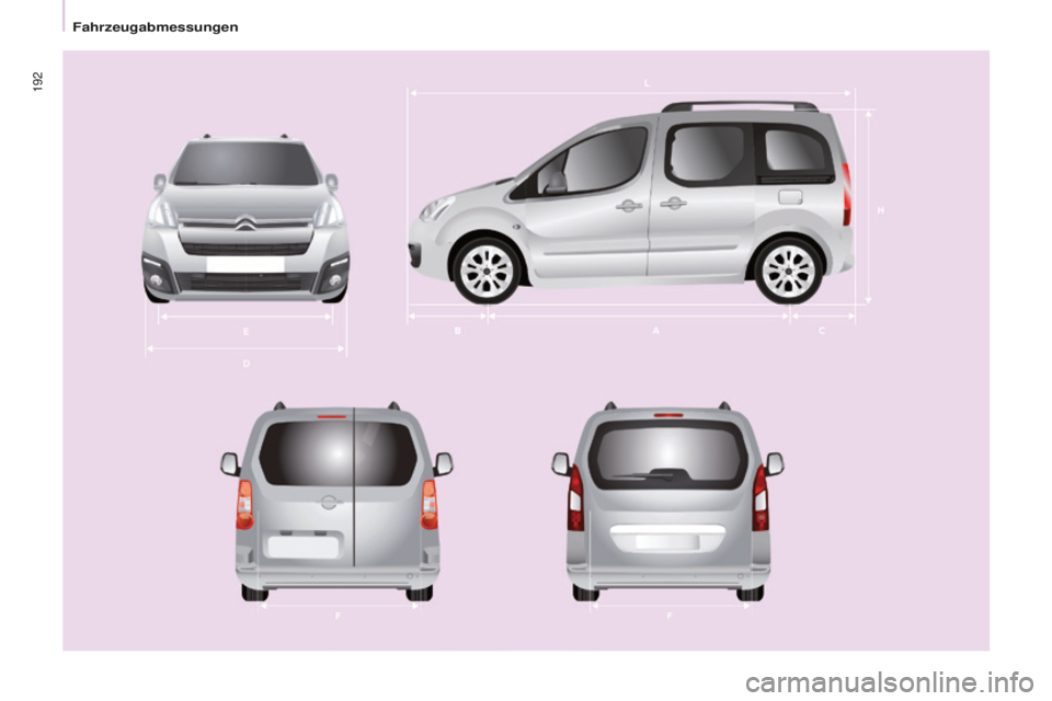 CITROEN BERLINGO MULTISPACE 2016  Betriebsanleitungen (in German) 192
Berlingo-2-VP_de_Chap09_Caract-technique_ed01-2016 
Fahrzeugabmessungen  