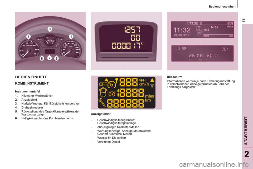 CITROEN BERLINGO MULTISPACE 2013  Betriebsanleitungen (in German) STARTBEREI
T
22
   
 
Bedienungseinheit  
 
 
KOMBIINSTRUMENT  
 
 
 
Anzeigefelder  
BEDIENEINHEIT 
 
Bildschirm 
  Informationen werden je nach Fahrzeugausstattung 
in verschiedenen Anzeigeformaten 