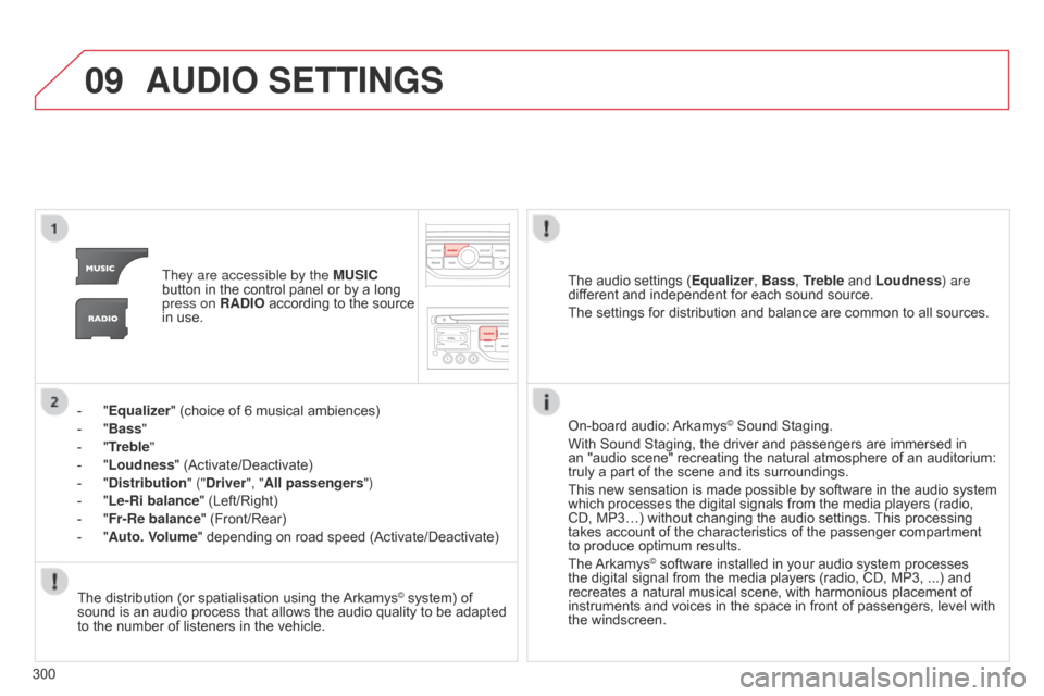 Citroen C5 2014.5 (RD/TD) / 2.G Owners Manual 09
300
AUDIO SETTINGS
They are accessible by the MUSIC
button in the control panel or by a long
press on RADIO according to the source
in use.
-
"
Equalizer" (choice of 6 musical ambiences)
-
Citroen C5 2014.5 (RD/TD) / 2.G Owners Manual 09
300
AUDIO SETTINGS
They are accessible by the MUSIC
button in the control panel or by a long
press on RADIO according to the source
in use.
-
"
Equalizer" (choice of 6 musical ambiences)
-