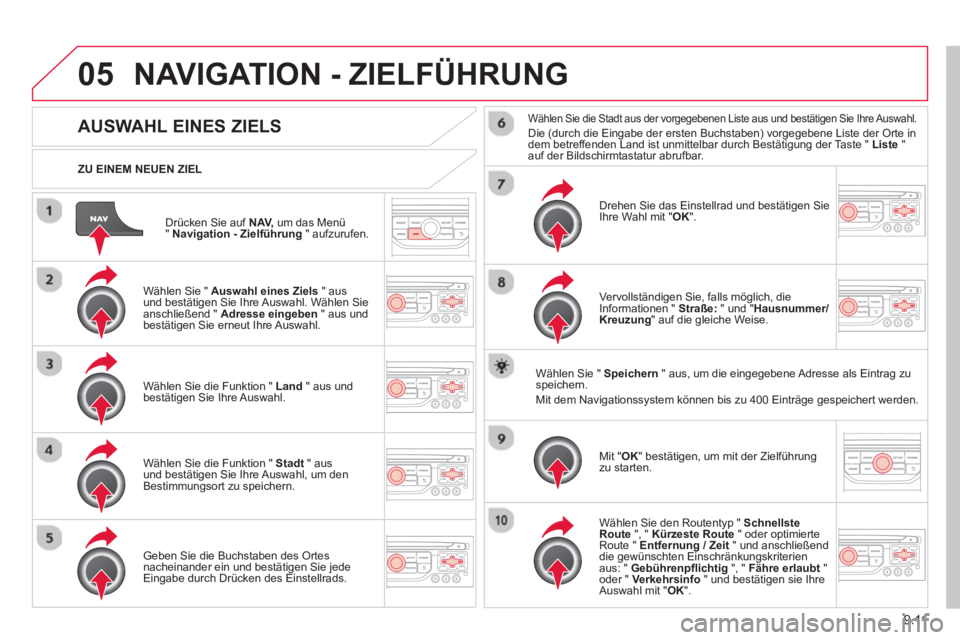 CITROEN BERLINGO ELECTRIC 2015 Betriebsanleitungen (in German) 9.11
05
Drücken Sie auf NAV,um das Menü"Navigation - Zielführung " aufzurufen.
ZU EINEM NEUEN ZIEL
NAVIGATION - ZIELFÜHRUNG
AUSWAHL EINES ZIELS
Wählen Sie " CITROEN BERLINGO ELECTRIC 2015 Betriebsanleitungen (in German) 9.11
05
Drücken Sie auf NAV,um das Menü"Navigation - Zielführung " aufzurufen.
ZU EINEM NEUEN ZIEL
NAVIGATION - ZIELFÜHRUNG
AUSWAHL EINES ZIELS
Wählen Sie "