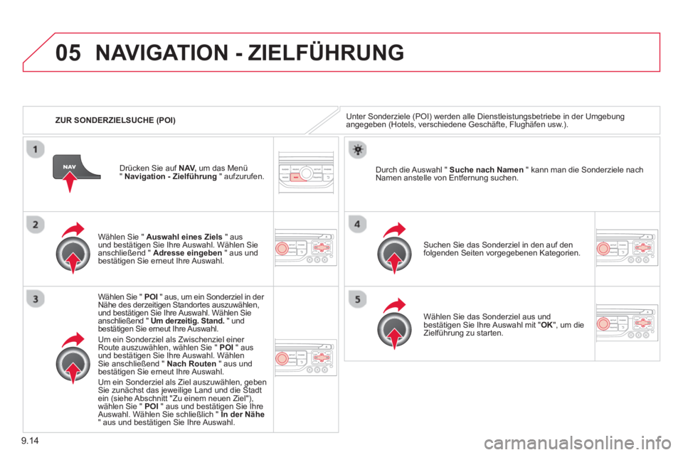 CITROEN BERLINGO ELECTRIC 2015 Betriebsanleitungen (in German) 9.14
05
ZUR SONDERZIELSUCHE (POI)
NAVIGATION - ZIELFÜHRUNG
Unter Sonderziele (POI) werden alle Dienstleistungsbetriebe in der Umgebungangegeben (Hotels, verschiedene Geschäfte, Flughäfen us CITROEN BERLINGO ELECTRIC 2015 Betriebsanleitungen (in German) 9.14
05
ZUR SONDERZIELSUCHE (POI)
NAVIGATION - ZIELFÜHRUNG
Unter Sonderziele (POI) werden alle Dienstleistungsbetriebe in der Umgebungangegeben (Hotels, verschiedene Geschäfte, Flughäfen us