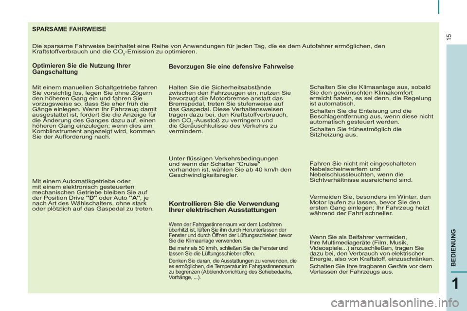 CITROEN BERLINGO ELECTRIC 2015 Betriebsanleitungen (in German) 15
1
BEDIENUN
G
SPARSAME FAHRWEISE
Die sparsame Fahrweise beinhaltet eine Reihe von Anwendungen für jeden Tag, die es dem Autofahrer ermöglichen, den
Kraftstoffverbrauch und die CO2-Emission zu CITROEN BERLINGO ELECTRIC 2015 Betriebsanleitungen (in German) 15
1
BEDIENUN
G
SPARSAME FAHRWEISE
Die sparsame Fahrweise beinhaltet eine Reihe von Anwendungen für jeden Tag, die es dem Autofahrer ermöglichen, den
Kraftstoffverbrauch und die CO2-Emission zu