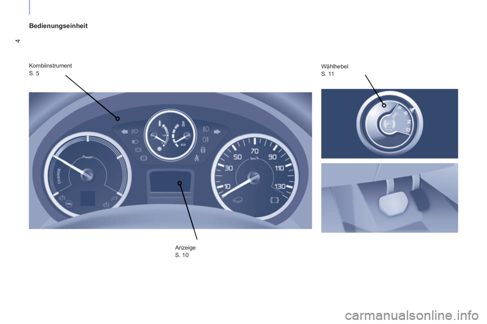 CITROEN BERLINGO ELECTRIC 2015  Betriebsanleitungen (in German) 4
   
Bedienungseinheit 
 
Kombiinstrument  
S. 5   Wählhebel  
S. 11 
  Anzeige  
S. 10   