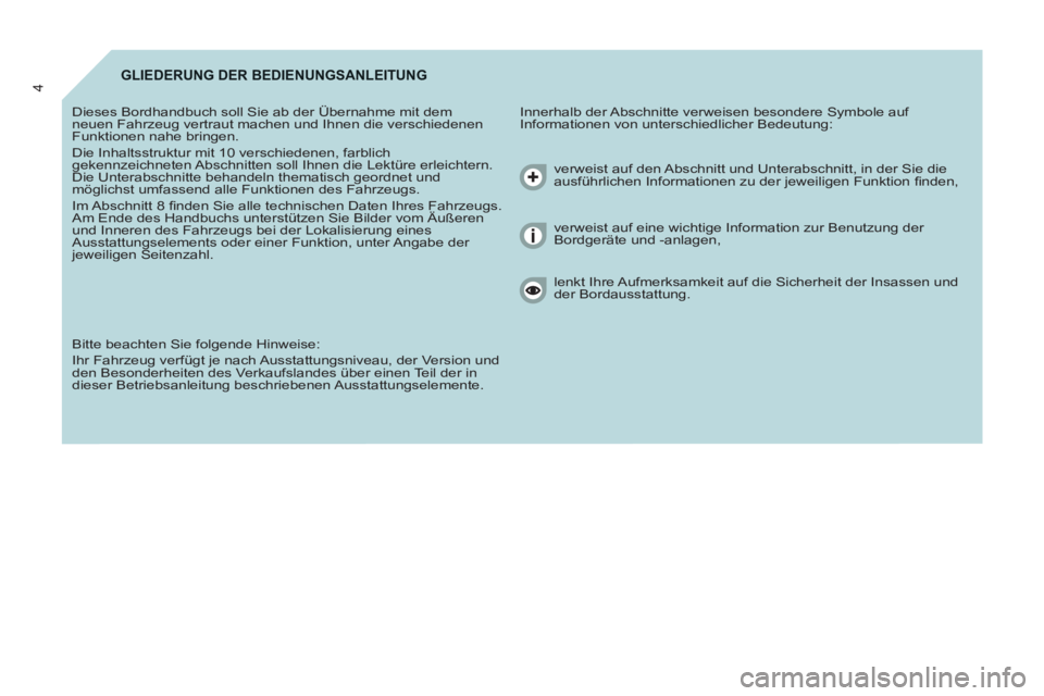CITROEN BERLINGO ELECTRIC 2015 Betriebsanleitungen (in German) 4GLIEDERUNG DER BEDIENUNGSANLEITUNG
Innerhalb der Abschnitte verweisen besondere Symbole auf
Informationen von unterschiedlicher Bedeutung: Dieses Bordhandbuch soll Sie ab der Übernahme mit dem CITROEN BERLINGO ELECTRIC 2015 Betriebsanleitungen (in German) 4GLIEDERUNG DER BEDIENUNGSANLEITUNG
Innerhalb der Abschnitte verweisen besondere Symbole auf
Informationen von unterschiedlicher Bedeutung: Dieses Bordhandbuch soll Sie ab der Übernahme mit dem
