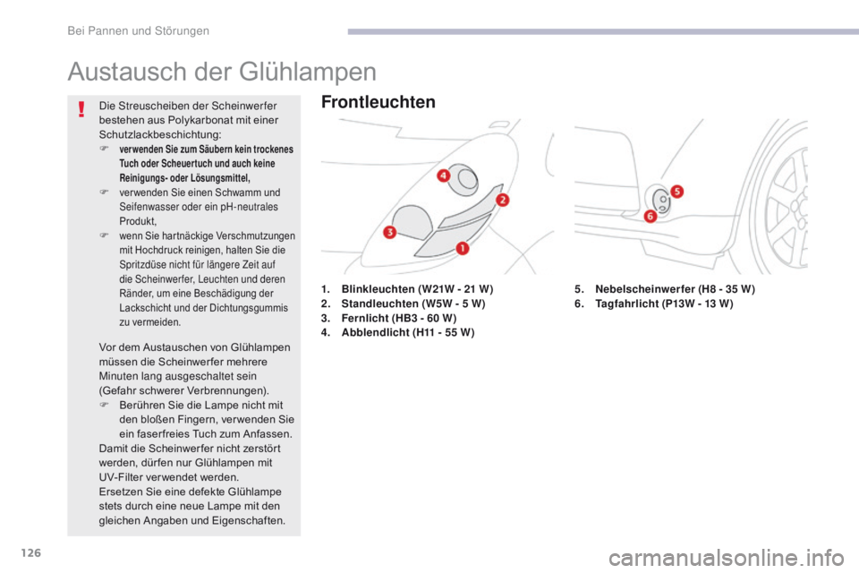 CITROEN C-ZERO 2017 Betriebsanleitungen (in German) 126
C-Zero_de_Chap08_en-cas-de-panne_ed01-2016
Austausch der Glühlampen
1. Blinkleuchten (W21W - 21 W)
2. S tandleuchten (W5W - 5 W)
3.
F
ernlicht (HB3 - 60 W)
4.
A
bblendlicht (H11 - 55 CITROEN C-ZERO 2017 Betriebsanleitungen (in German) 126
C-Zero_de_Chap08_en-cas-de-panne_ed01-2016
Austausch der Glühlampen
1. Blinkleuchten (W21W - 21 W)
2. S tandleuchten (W5W - 5 W)
3.
F
ernlicht (HB3 - 60 W)
4.
A
bblendlicht (H11 - 55