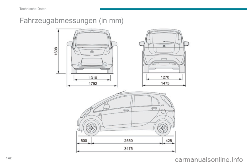 CITROEN C-ZERO 2017  Betriebsanleitungen (in German) 142
C-Zero_de_Chap09_caracteristiques-techniques_ed01-2016
Fahrzeugabmessungen (in mm) 
Technische Daten  