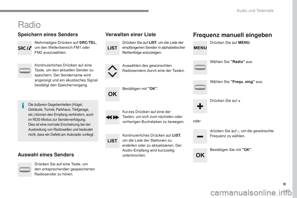 CITROEN C-ZERO 2017 Betriebsanleitungen (in German) 147
C-Zero_de_Chap10a_RDE2_ed01-2016
Radio
Speichern eines Senders
Auswahl eines SendersVerwalten einer ListeFrequenz manuell eingeben
Mehrmaliges Drücken auf SRC/TEL
,
um den Wellenbereich FM1 oder CITROEN C-ZERO 2017 Betriebsanleitungen (in German) 147
C-Zero_de_Chap10a_RDE2_ed01-2016
Radio
Speichern eines Senders
Auswahl eines SendersVerwalten einer ListeFrequenz manuell eingeben
Mehrmaliges Drücken auf SRC/TEL
,
um den Wellenbereich FM1 oder