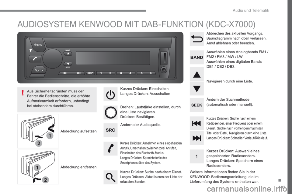 CITROEN C-ZERO 2017 Betriebsanleitungen (in German) 1
2
1
2
163
C-Zero_de_Chap10b_KENWOOD_ed01-2016
AUDIOSYSTEM KENWOOD MIT DAB-FUNKTION (KDC-X7000)
Weitere Informationen finden Sie in der
KENWOOD-Bedienungsanleitung, die im
Lieferumfang des Systems CITROEN C-ZERO 2017 Betriebsanleitungen (in German) 1
2
1
2
163
C-Zero_de_Chap10b_KENWOOD_ed01-2016
AUDIOSYSTEM KENWOOD MIT DAB-FUNKTION (KDC-X7000)
Weitere Informationen finden Sie in der
KENWOOD-Bedienungsanleitung, die im
Lieferumfang des Systems