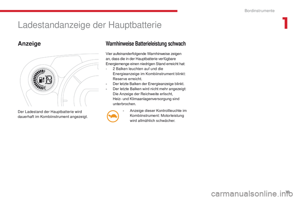 CITROEN C-ZERO 2017  Betriebsanleitungen (in German) 19
C-Zero_de_Chap01_instruments-de-bord_ed01-2016
Ladestandanzeige der Hauptbatterie
Anzeige
Vier aufeinanderfolgende Warnhinweise zeigen 
an, dass die in der Hauptbatterie ver fügbare 
Energiemenge 