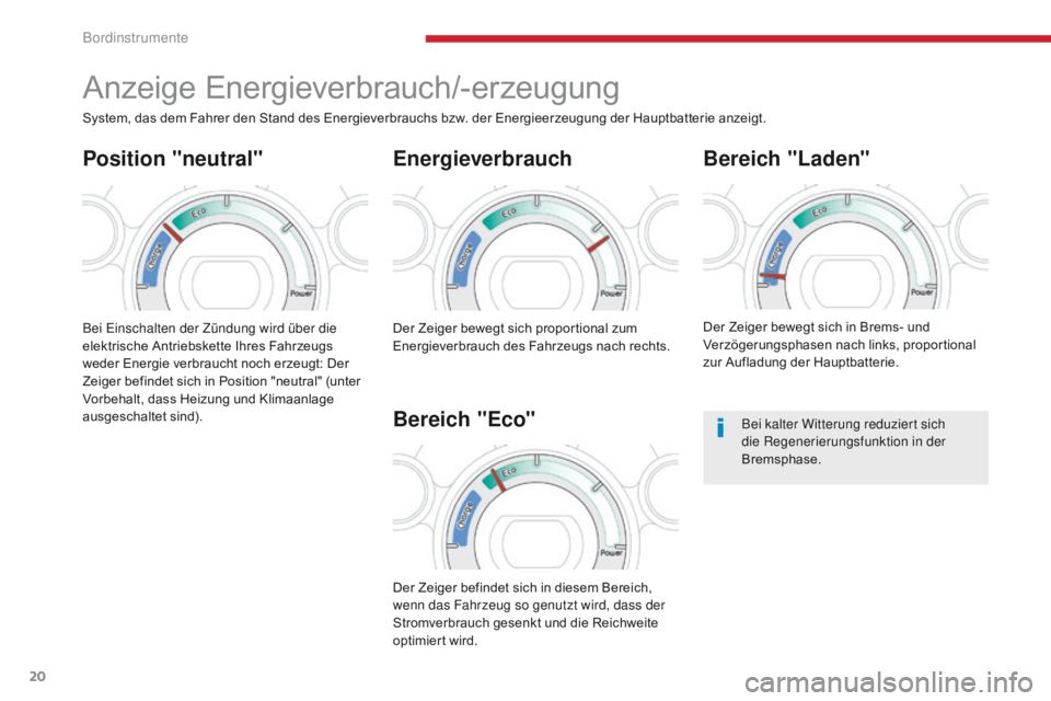 CITROEN C-ZERO 2017  Betriebsanleitungen (in German) 20
C-Zero_de_Chap01_instruments-de-bord_ed01-2016
Anzeige Energieverbrauch/-erzeugung
Energieverbrauch
Bei Einschalten der Zündung wird über die 
elektrische Antriebskette Ihres Fahrzeugs 
weder Ene