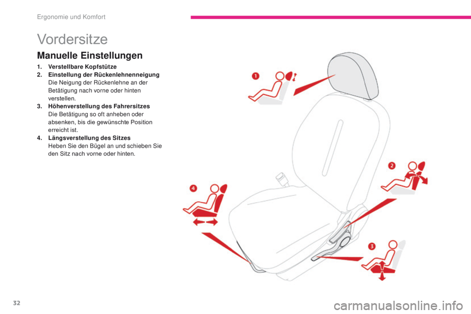 CITROEN C-ZERO 2017  Betriebsanleitungen (in German) 32
C-Zero_de_Chap03_ergonomie-et-confort_ed01-2016
Vordersitze
Manuelle Einstellungen
1. Verstellbare Kopfstütze
2. Einstellung der Rückenlehnenneigung  
 D

ie Neigung der Rückenlehne an der 
Bet