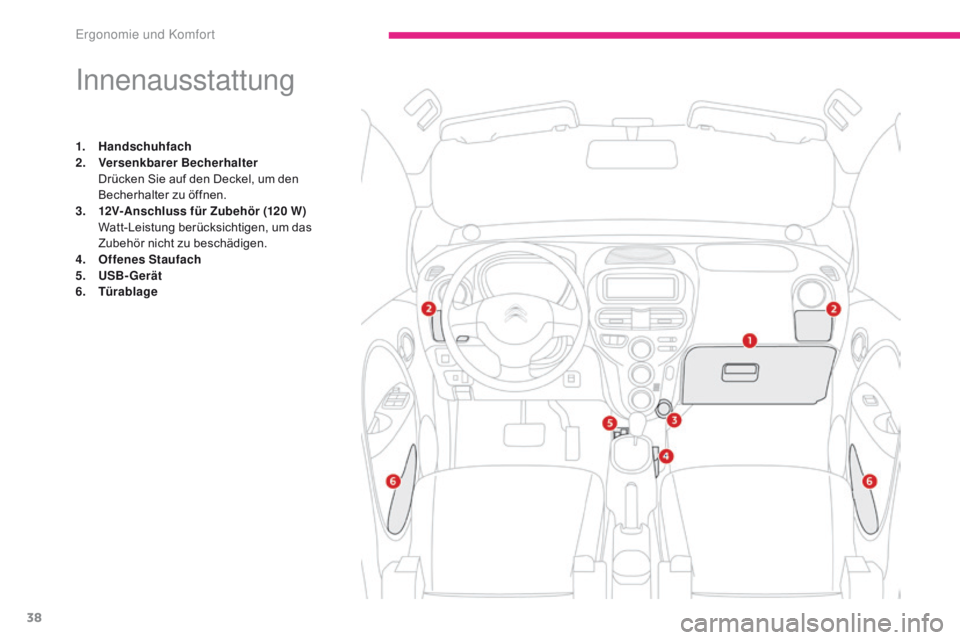 CITROEN C-ZERO 2017  Betriebsanleitungen (in German) 38
C-Zero_de_Chap03_ergonomie-et-confort_ed01-2016
Innenausstattung
1. Handschuhfach
2. Versenkbarer Becherhalter
 D

rücken Sie auf den Deckel, um den 
Becherhalter zu öffnen.
3.
 12

V-Anschluss  