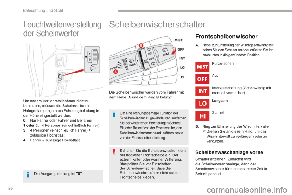 CITROEN C-ZERO 2017 Betriebsanleitungen (in German) 56
C-Zero_de_Chap04_eclairage-et-visibilite_ed01-2016
Scheibenwischerschalter
Frontscheibenwischer
Die Scheibenwischer werden vom Fahrer mit
dem Hebel A und dem Ring B betätigt.Kurzwischen
Aus
Inter CITROEN C-ZERO 2017 Betriebsanleitungen (in German) 56
C-Zero_de_Chap04_eclairage-et-visibilite_ed01-2016
Scheibenwischerschalter
Frontscheibenwischer
Die Scheibenwischer werden vom Fahrer mit
dem Hebel A und dem Ring B betätigt.Kurzwischen
Aus
Inter