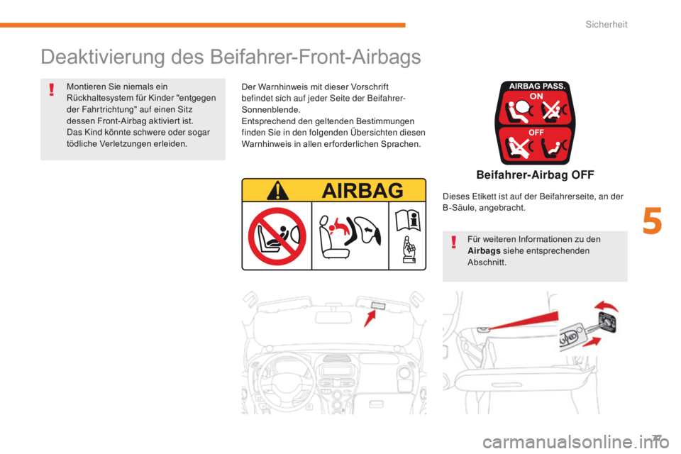 CITROEN C-ZERO 2017  Betriebsanleitungen (in German) 77
C-Zero_de_Chap05_securite_ed01-2016
Deaktivierung des Beifahrer-Front-Airbags
Der Warnhinweis mit dieser Vorschrift 
befindet sich auf jeder Seite der Beifahrer-
Sonnenblende.
Entsprechend den gelt