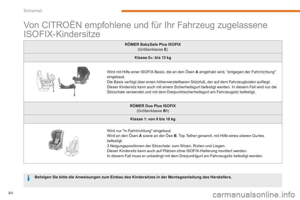CITROEN C-ZERO 2017 Betriebsanleitungen (in German) 84
C-Zero_de_Chap05_securite_ed01-2016
Von CITROËN empfohlene und für Ihr Fahrzeug zugelassene
ISOFIX-Kindersitze
RÖMER BabySafe Plus ISOFIX
(Größenklasse E)
Klasse 0+: bis 13 kg
Wird mit Hilf CITROEN C-ZERO 2017 Betriebsanleitungen (in German) 84
C-Zero_de_Chap05_securite_ed01-2016
Von CITROËN empfohlene und für Ihr Fahrzeug zugelassene
ISOFIX-Kindersitze
RÖMER BabySafe Plus ISOFIX
(Größenklasse E)
Klasse 0+: bis 13 kg
Wird mit Hilf