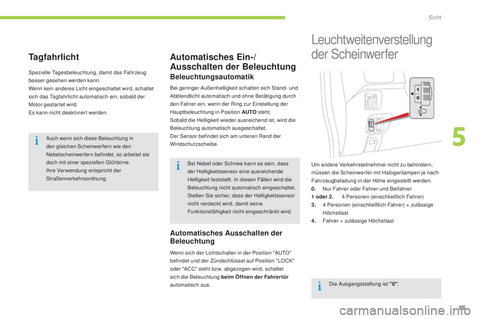 CITROEN C-ZERO 2016 Betriebsanleitungen (in German) 53
C-zero_de_Chap05_visibilite_ed01-2014
Tagfahrlicht
spezielle ta gesbeleuchtung, damit das Fahrzeug
besser gesehen werden kann.
Wenn kein anderes
l
i
cht eingeschaltet wird, schaltet
sich das
t CITROEN C-ZERO 2016 Betriebsanleitungen (in German) 53
C-zero_de_Chap05_visibilite_ed01-2014
Tagfahrlicht
spezielle ta gesbeleuchtung, damit das Fahrzeug
besser gesehen werden kann.
Wenn kein anderes
l
i
cht eingeschaltet wird, schaltet
sich das
t