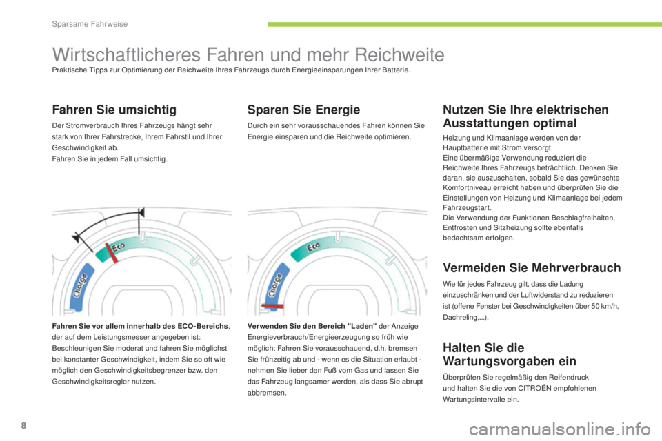 CITROEN C-ZERO 2016 Betriebsanleitungen (in German) 8
C-zero_de_Chap00c_eco-conduite_ed01-2014
Wirtschaftlicheres Fahren und mehr ReichweitePraktische ti pps zur Optimierung der Reichweite i hres Fahrzeugs durch ene rgieeinsparungen i hrer Batterie. CITROEN C-ZERO 2016 Betriebsanleitungen (in German) 8
C-zero_de_Chap00c_eco-conduite_ed01-2014
Wirtschaftlicheres Fahren und mehr ReichweitePraktische ti pps zur Optimierung der Reichweite i hres Fahrzeugs durch ene rgieeinsparungen i hrer Batterie.