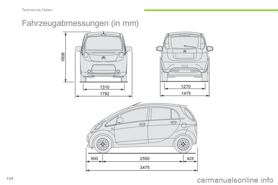 CITROEN C-ZERO 2014  Betriebsanleitungen (in German) Technische Daten
124
   
 
 
 
 
Fahrzeugabmessungen (in mm)  