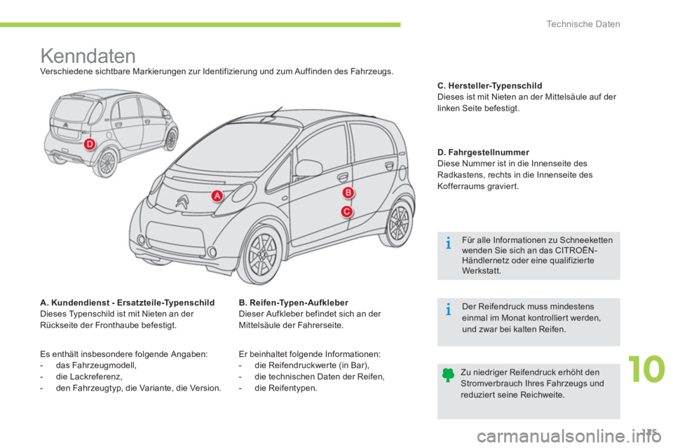 CITROEN C-ZERO 2014  Betriebsanleitungen (in German) 10
Technische Daten
125
   
 
 
 
 
 
 
 
 
 
 
 
 
 
Kenndaten  
Verschiedene sichtbare Markierungen zur Identifizierung und zum Auffinden des Fahrzeugs. 
A. Kundendienst - Ersatzteile-Typenschild
  