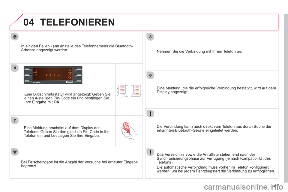 CITROEN C-ZERO 2014  Betriebsanleitungen (in German) 04
141
TELEFONIEREN
   
Eine Bildschirmtastatur wird angezeigt: Geben Sieeinen 4-stelligen Pin-Code ein und bestätigen SieIhre Eingabe mit  OK.
 
 
Eine Meldung erscheint auf dem Display des
Telefons