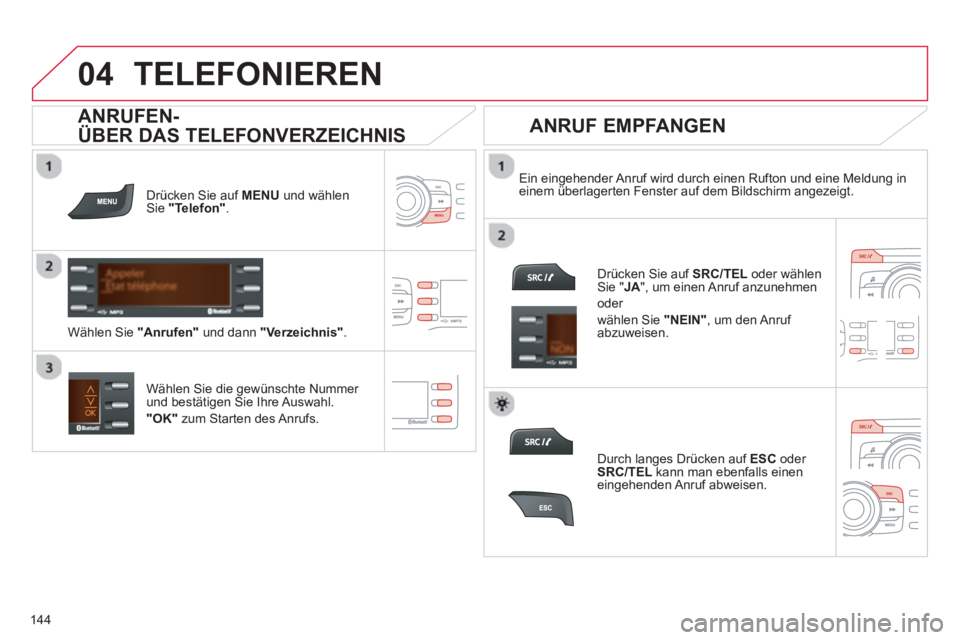 CITROEN C-ZERO 2014  Betriebsanleitungen (in German)  
  
04
144
TELEFONIEREN
Drücken Sie auf  MENU   und wählen Sie "Telefon".
Ein eingehender Anruf wird durch einen Rufton und eine Meldung in einem überlagerten Fenster auf dem Bildschirm angezeigt.
