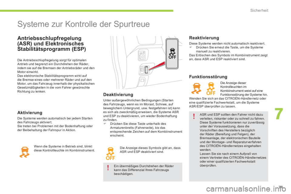 CITROEN C-ZERO 2014  Betriebsanleitungen (in German) 7
Sicherheit
   
Antriebsschlupfregelung 
(ASR) und Elektronisches 
Stabilitätspro
gramm (ESP)
   
 
 
 
 
 
 
 
 
 
 
 
 
 
Systeme zur Kontrolle der Spurtreue 
Deaktivierung 
Unter außergewöhnlic