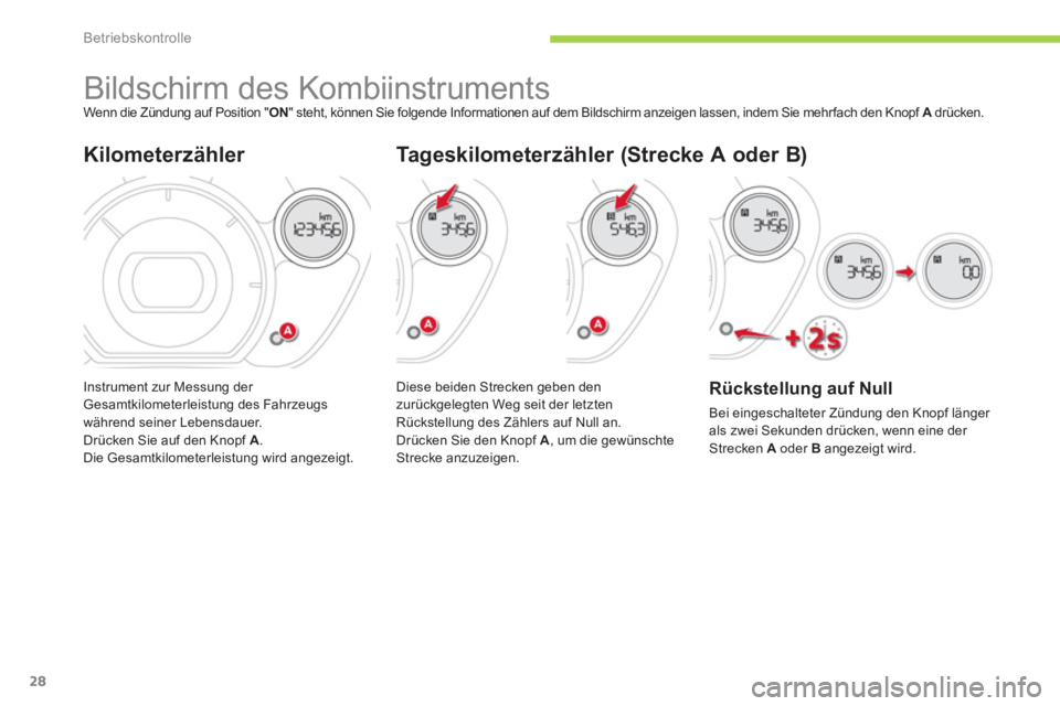 CITROEN C-ZERO 2014  Betriebsanleitungen (in German) Betriebskontrolle
28
   
 
 
 
 
 
 
 
Bildschirm des Kombiinstruments Wenn die Zündung auf Position " ON 
" steht, können Sie folgende Informationen auf dem Bildschirm anzeigen lassen, indem Sie me