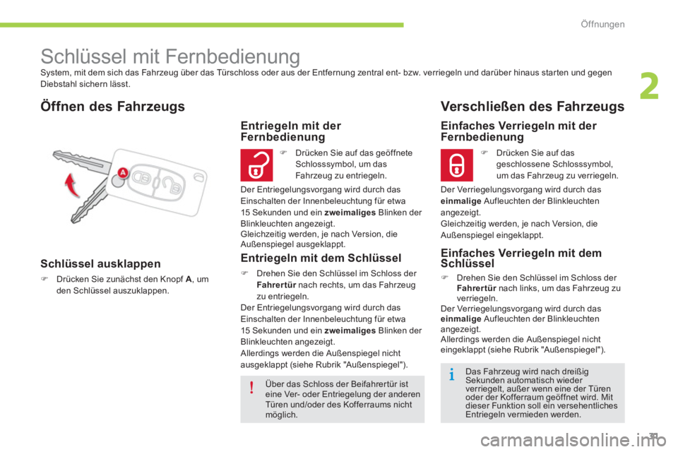 CITROEN C-ZERO 2014  Betriebsanleitungen (in German) 2
Öffnungen
31
  System, mit dem sich das Fahrzeug über das Türschloss oder aus der Entfernung zentral ent- bzw. verriegeln und darüber hinaus star ten und gegen 
Diebstahl sichern lässt.
   
 
 
