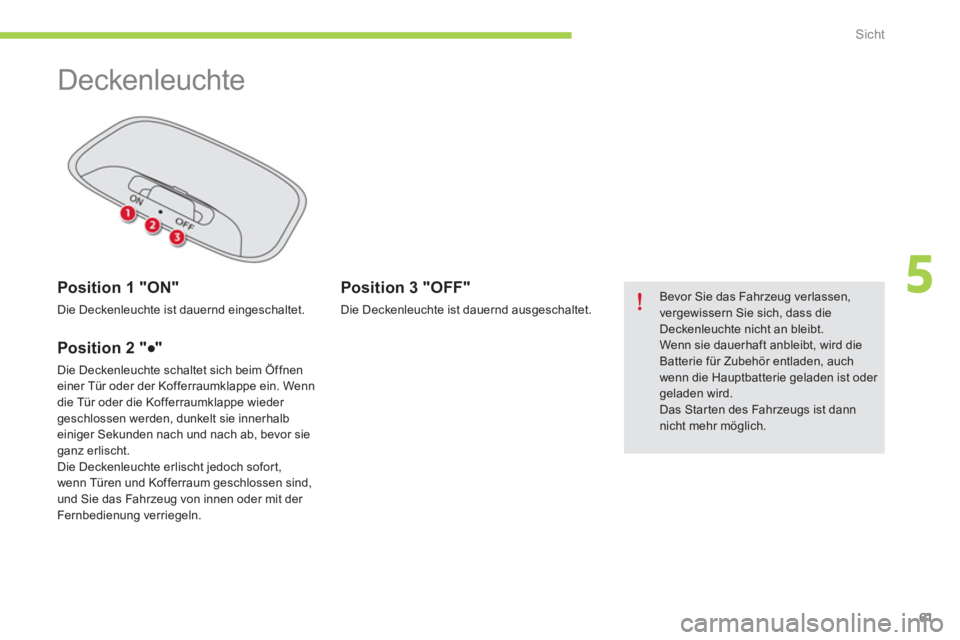 CITROEN C-ZERO 2014  Betriebsanleitungen (in German) 5
Sicht
61
   
 
 
 
 
Deckenleuchte  
 
 
Position 1 "ON"
 
Die Deckenleuchte ist dauernd eingeschaltet.
 
 
Position 2 "●" 
 
Die Deckenleuchte schaltet sich beim Öffnen einer Tür oder der Koffe