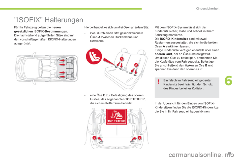 CITROEN C-ZERO 2014 Betriebsanleitungen (in German) 6
Kindersicherheit
67
Für Ihr Fahrzeug gelten die neuen gesetzlichenISOFIX-Bestimmungen .
Die nachstehend aufgeführten Sitze sind mit
den vorschriftsgemäßen ISOFIX-Halterungen
ausgerüstet: CITROEN C-ZERO 2014 Betriebsanleitungen (in German) 6
Kindersicherheit
67
Für Ihr Fahrzeug gelten die neuen gesetzlichenISOFIX-Bestimmungen .
Die nachstehend aufgeführten Sitze sind mit
den vorschriftsgemäßen ISOFIX-Halterungen
ausgerüstet: