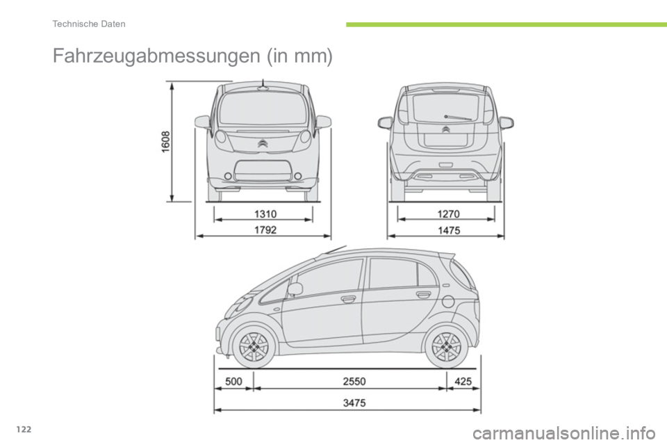 CITROEN C-ZERO 2012  Betriebsanleitungen (in German) Technische Daten
122
   
 
 
 
 
Fahrzeugabmessungen (in mm)  