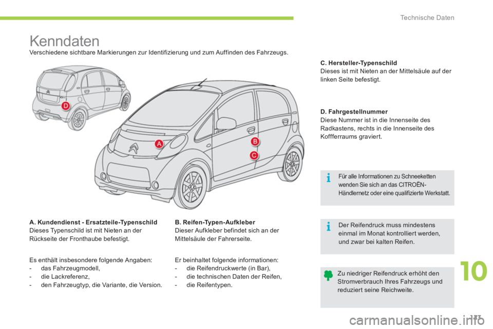 CITROEN C-ZERO 2012  Betriebsanleitungen (in German) 10
i
i
Technische Daten
123
   
 
 
 
 
 
 
 
 
 
 
 
 
 
Kenndaten  
Verschiedene sichtbare Markierungen zur Identifizierung und zum Auffinden des Fahrzeugs. 
   
A. Kundendienst - Ersatzteile-Typens