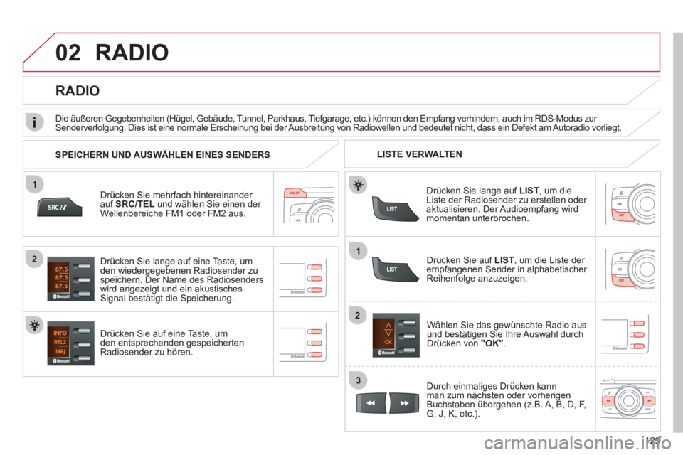 CITROEN C-ZERO 2012  Betriebsanleitungen (in German) 02
1
12
2
3
129
  RADIO 
 
 
Drücken Sie mehrfach hintereinander 
auf SRC/TEL und wählen Sie einen der 
Wellenbereiche FM1 oder FM2 aus.   
   
Drücken Sie auf eine Taste, um 
den entsprechenden ge