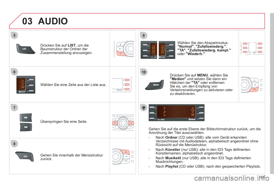 CITROEN C-ZERO 2012  Betriebsanleitungen (in German) 7
6
8
9
03
5
10
135    
Wählen Sie eine Zeile aus der Liste aus.  
   
Überspringen Sie eine Seite.     
Wählen Sie den Abspielmodus: 
  "Normal" 
,  " 
 
Zufallswiederg. 
 
" 
, 
  "TA" 
,  " 
 
Z