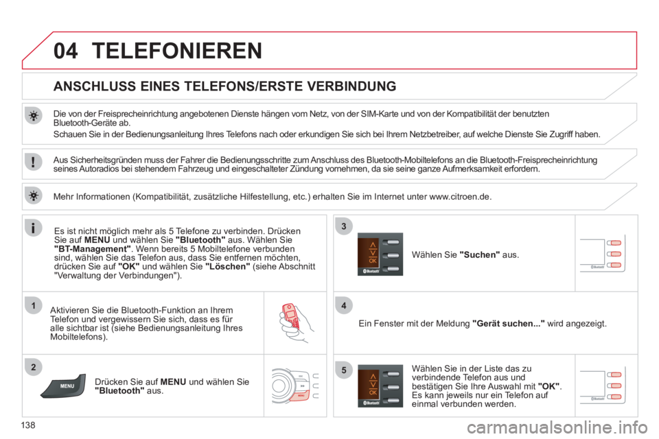 CITROEN C-ZERO 2012  Betriebsanleitungen (in German) 04
1
2
4
3
5
138
  TELEFONIEREN 
 
 
 
 
 
 
 
 
 
 
ANSCHLUSS EINES TELEFONS/ERSTE VERBINDUNG 
 
 
Die von der Freisprecheinrichtung angebotenen Dienste hängen vom Netz, von der SIM-Karte und von de