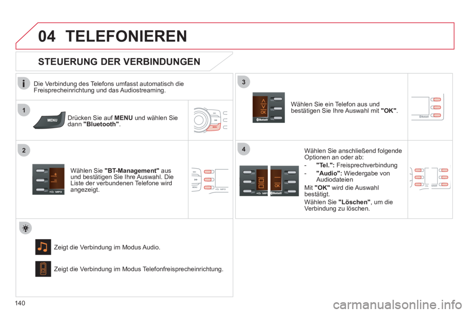 CITROEN C-ZERO 2012  Betriebsanleitungen (in German)  1
2
3
04
4
140
  TELEFONIEREN 
 
 
Die Verbindung des Telefons umfasst automatisch die 
Freisprecheinrichtung und das Audiostreaming.  
   
Drücken Sie auf  MENU 
 und wählen Sie 
dann  "Bluetooth"