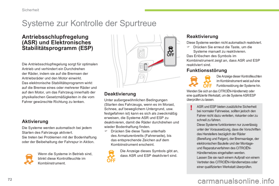 CITROEN C-ZERO 2012  Betriebsanleitungen (in German) !
Sicherheit
72
   
Antriebsschlupfregelung 
(ASR) und Elektronisches 
Stabilitätsprogramm (ESP) 
   
 
 
 
 
 
 
 
 
 
 
 
 
 
Systeme zur Kontrolle der Spurtreue 
 
 
 
Deaktivierung 
 
Unter auße